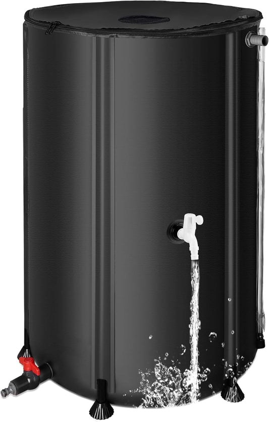 Collapsible Rain Barrel Water Collection System - 100 Gallon Portable Water Storage Tank,Foldable Rainwater Collect System Downspout, Water Catcher Container with Filter, Spigots＆Overflow Kit,Black