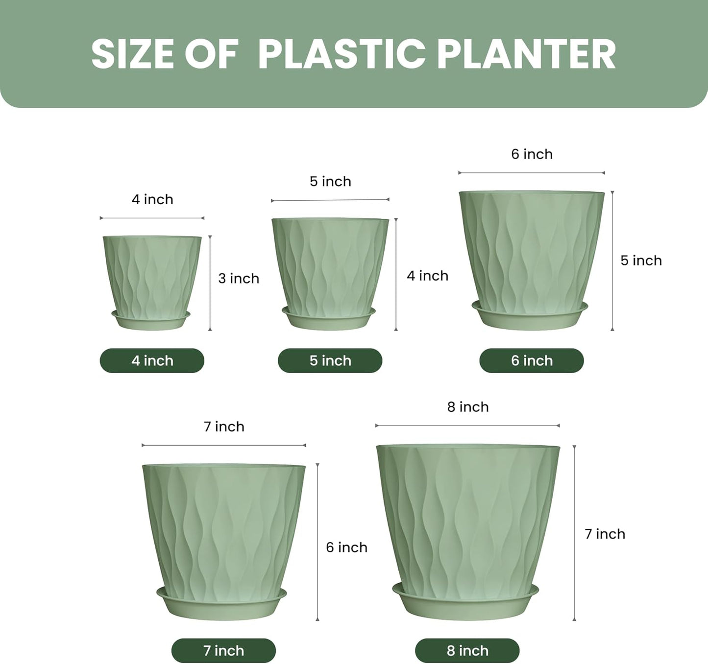 Plastic Flower Pots, 8/7/6/5/4 Inch Plant Pots with Drainage Holes, Plastic Planters for Indoor Outdoor Plants, 5 Pack Nursery Planting Pot for Garden Office Home Decor (Green, 8/7/6/5/4)