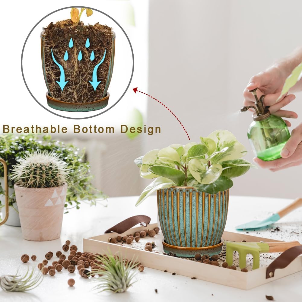 Oairse Ceramic Pots for Indoor Plants, 4.9 + 5.7 Inch Set of 2 Bluish Grey With Drainage Holes and Saucers, Texture Planters for Succulent, Indoor Outdoor Flower