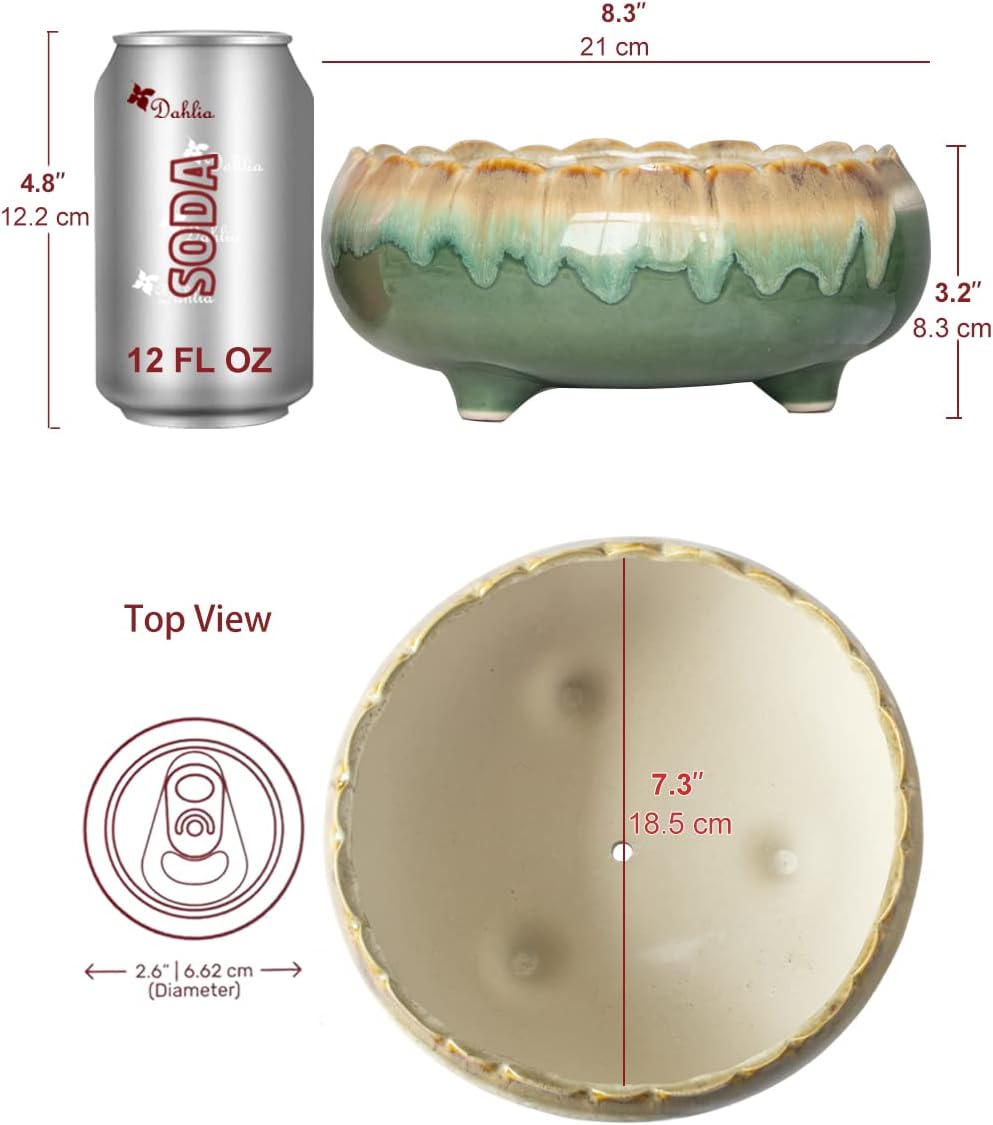 Dahlia 8.3'' Inch Large Shallow Drip Glazed Ceramic Planter/Succulent Pot/Plant Pot, Green