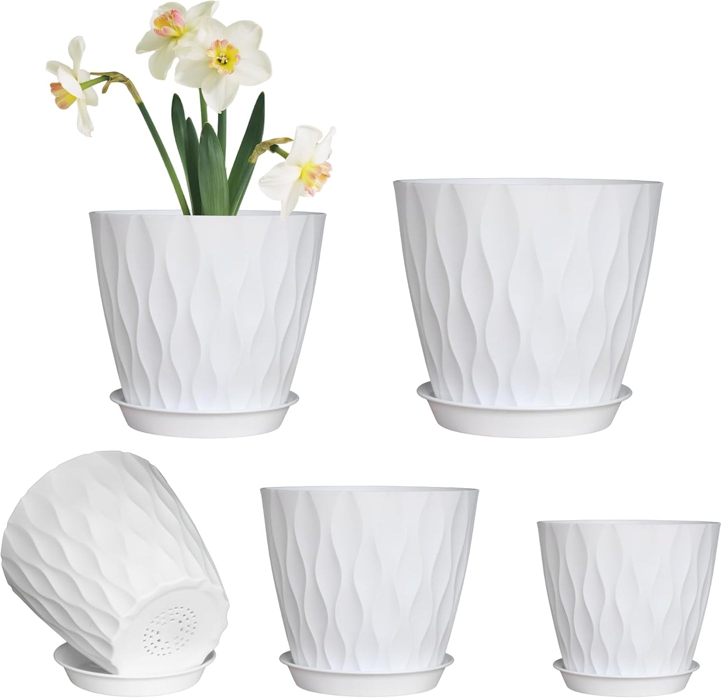 Plastic Plant Pots with Drainage Holes and Saucers, 8/7/6/5/4 Inches Garden Plant Flower Pots for Indoor Planter, 5 Pack Nursery Planting Pot for Indoor & Outdoor House Plants (White, 8/7/6/5/4)
