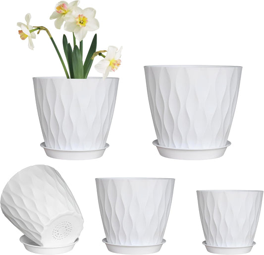 Plastic Plant Pots with Drainage Holes and Saucers, 8/7/6/5/4 Inches Garden Plant Flower Pots for Indoor Planter, 5 Pack Nursery Planting Pot for Indoor & Outdoor House Plants (White, 8/7/6/5/4)
