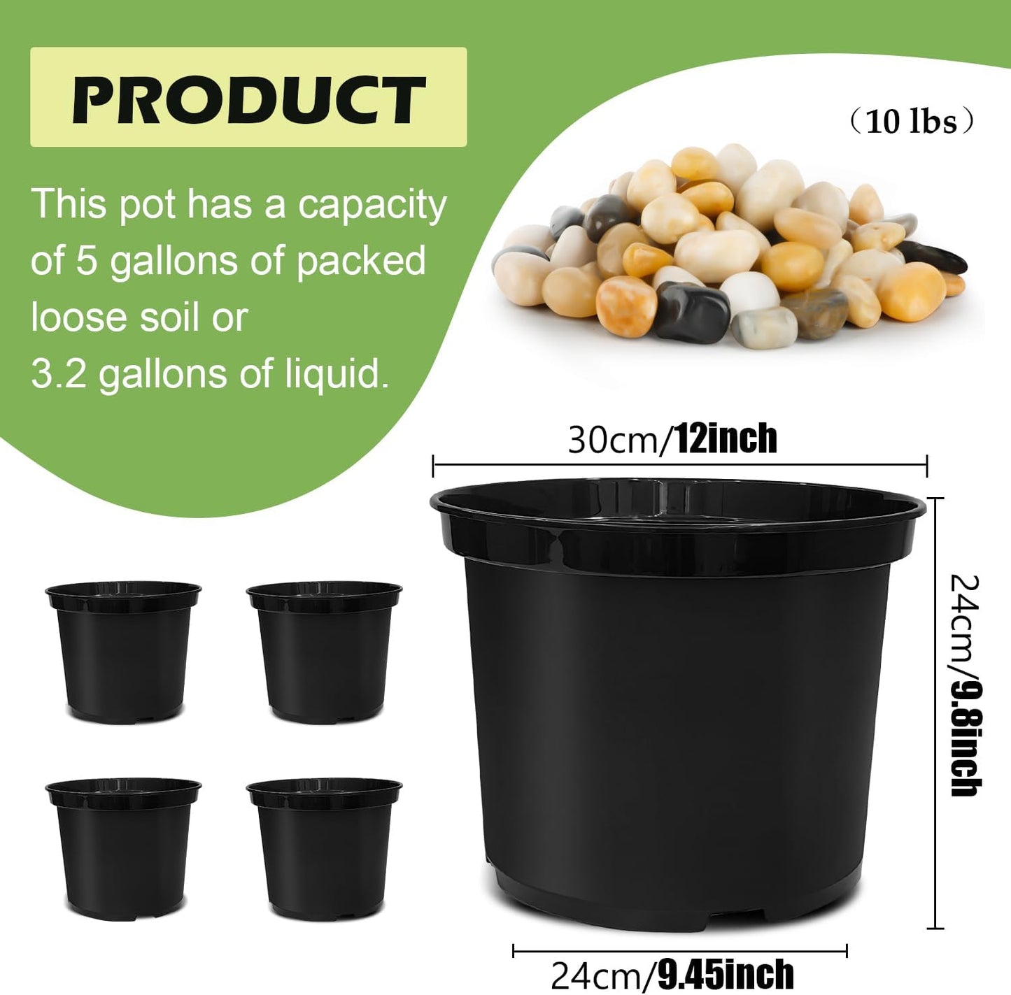 5 Gallon Pots with 10lbs Rocks, 12 Inch Plastic Nursery Pots with Drainage Holes, Round Sturdy Garden Pots with Stones, Deep Nursery Pots for Plants, Gardening Gifts for Women (5-Pack, Black)