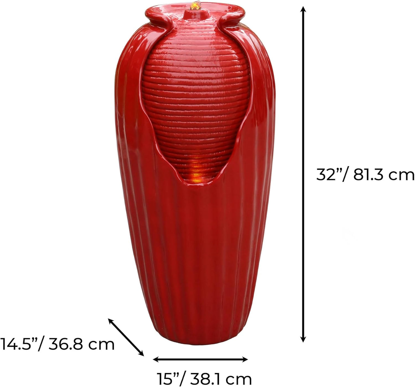 Teamson Home Glazed Vase Floor Freestanding Water Fountain with LED Lights and Pump for Outdoor Patio Backyard Deck Plant Garden Décor, 32 Inch Height, Red