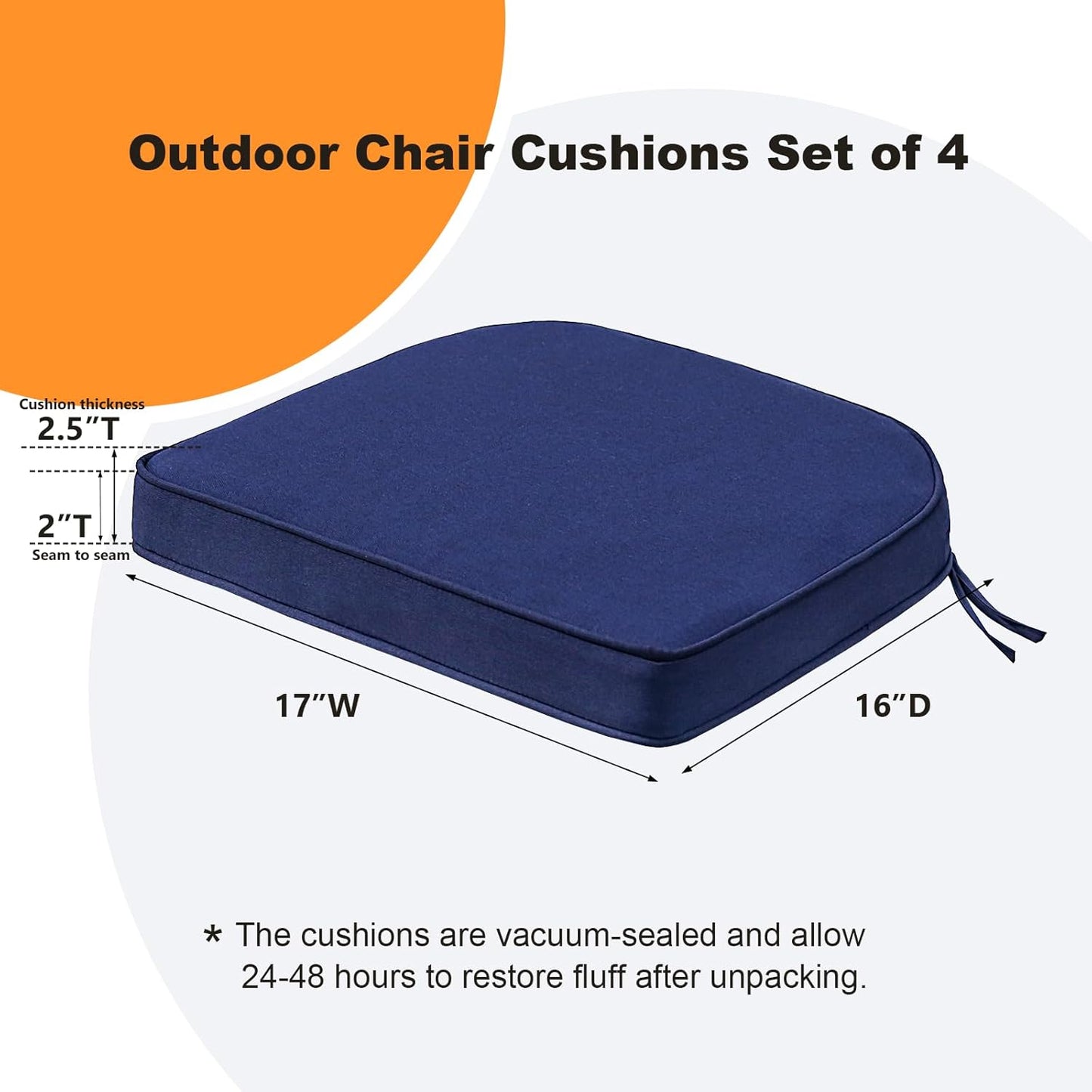 Round Corner Seat Cushions, 17" x 16" x 2", Set of 4, Indoor Outdoor Water Repellent Universal Chair Pads with Ties for Patio Furniture, Garden Deck Dining Chairs, Navy