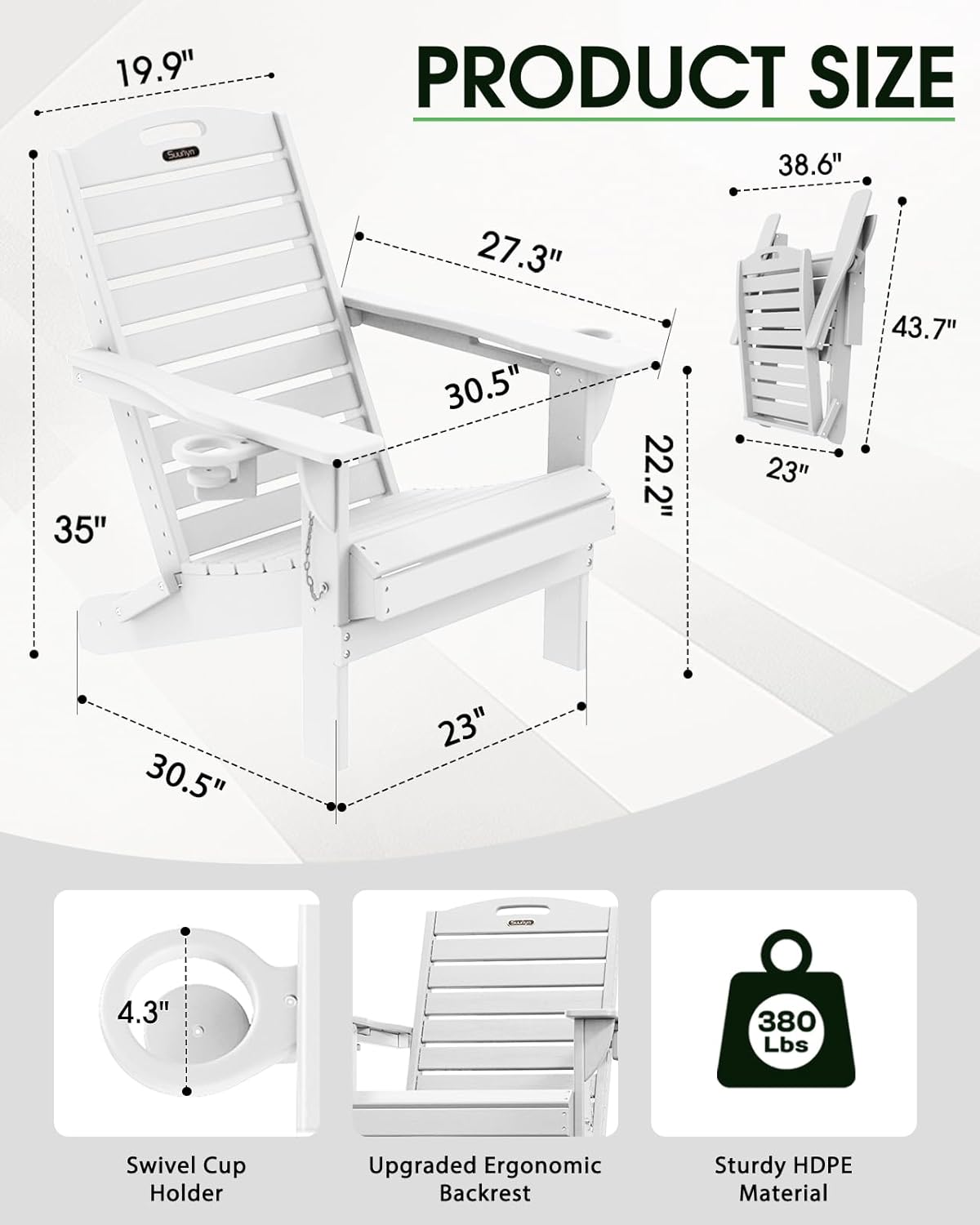 Folding Adirondack Chair HDPE All-Weather Adirondack Chairs with Cup Holder, Outdoor Fire Pit Chairs Lawn Chair for Deck Patio Garden (White)