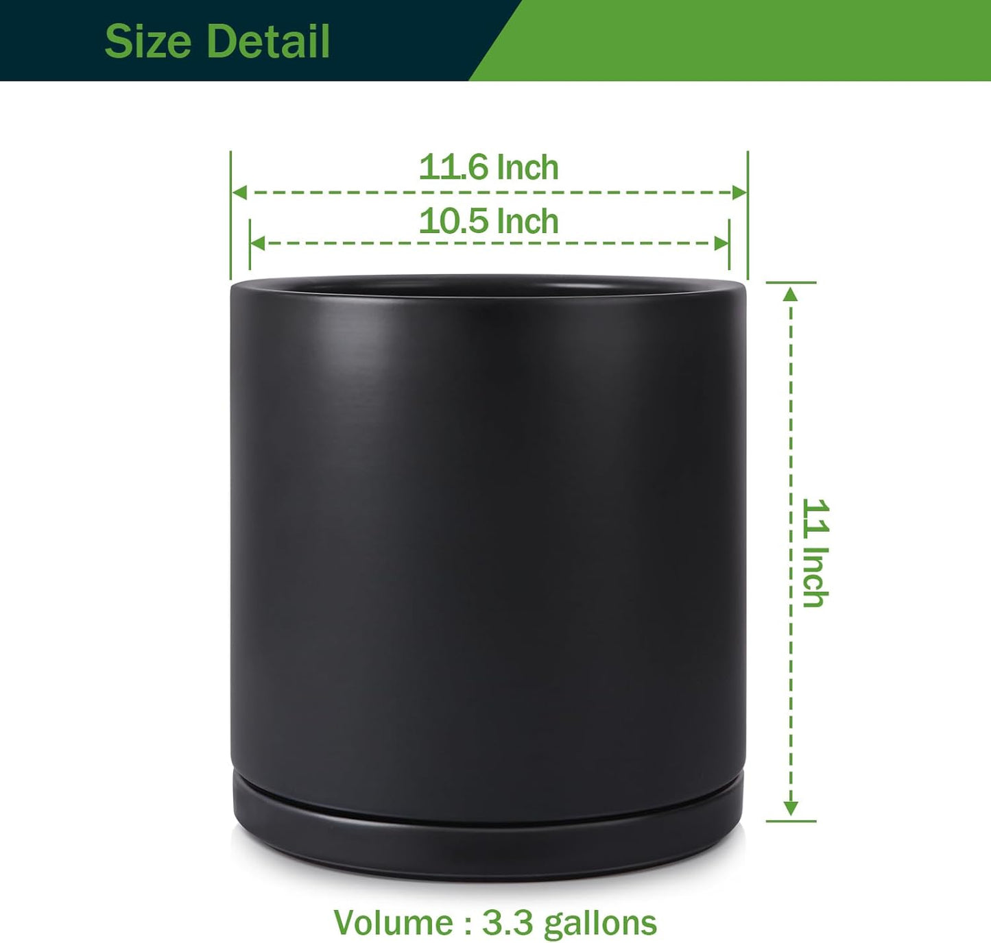 Kazeila 12 Inches Ceramic Planter Pot - Saucer and Drainage Hole - Full Glazed - Matte Black