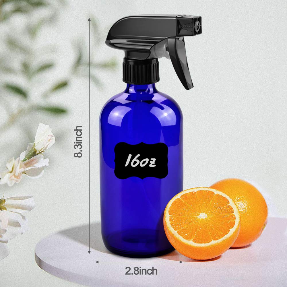 Glass Spray Bottles, 16oz Blue Glass Spray Bottles with Labels & Adjustable Nozzle, Reusable Containers for Cleaning, BBQ, Food, Plants, Alcohol, Essential Oils(3 Pack)