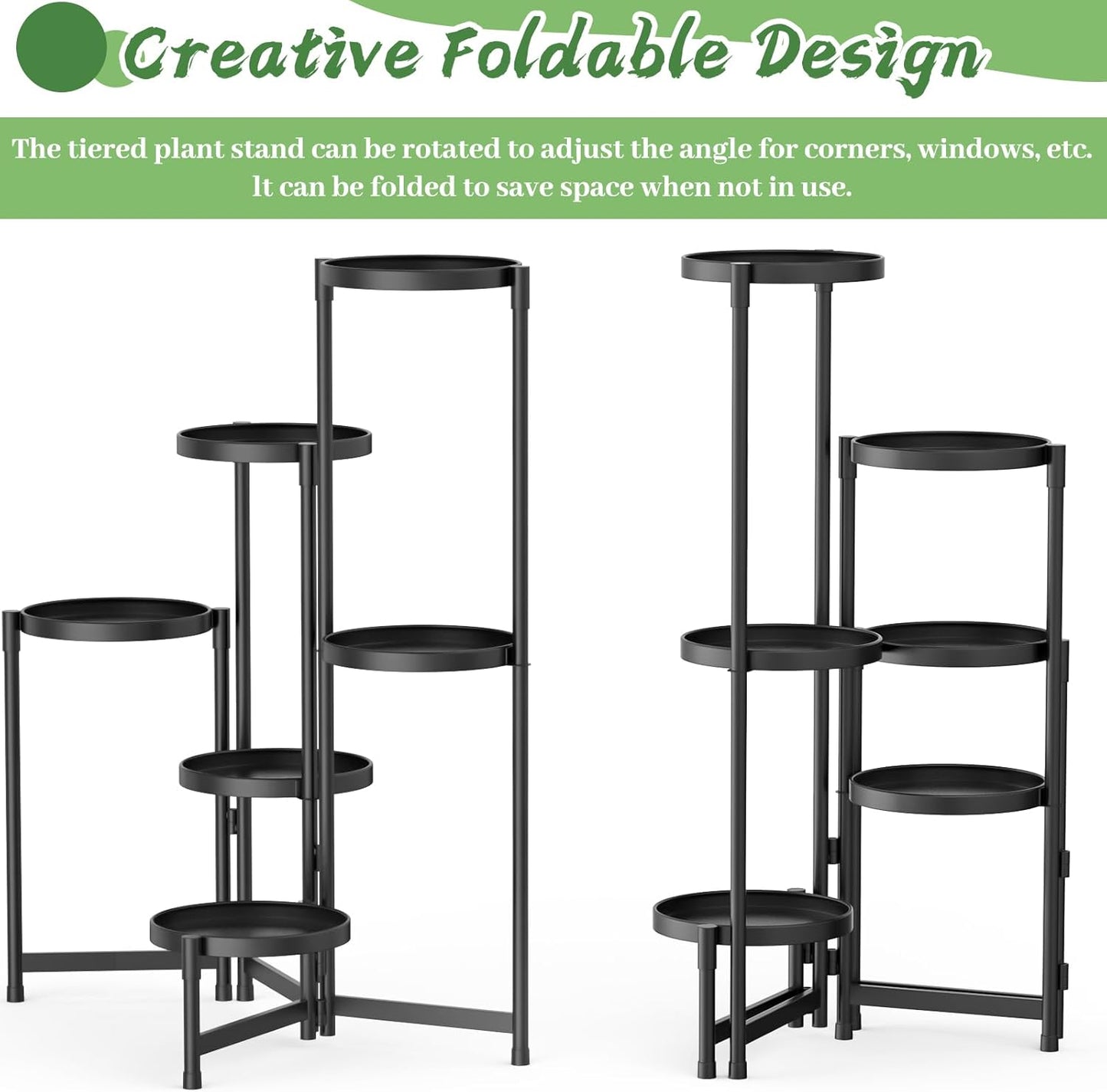 MOKANI Metal Plant Stand Indoor Outdoor for Multiple Plants, 6 Tiered Folding Corner Shelf Tall Flower Pot Holder Display Rack for Patio Living Room Balcony Garden, Black