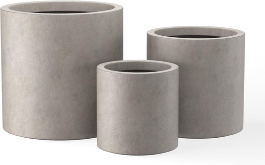 Kante 9.8",12.6",15.7" Dia Round Concrete Planter Set of 3, Modern Style Large Cylindrical Plant Pot with Drainage Hole and Rubber Plug for Indoor Outdoor Patio, Weathered Concrete