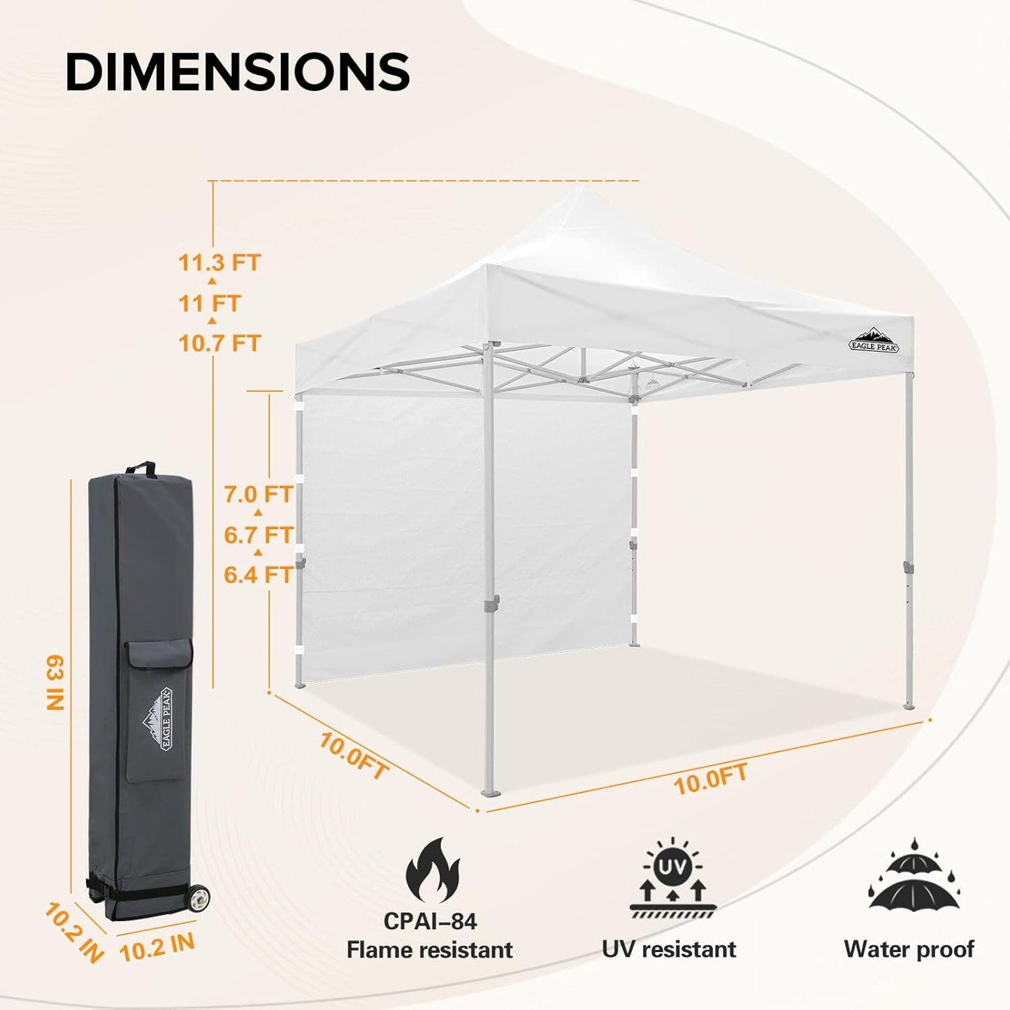 EAGLE PEAK 10x10 Heavy Duty Pop up Commercial Canopy Tent with One Removable Sidewall, Instant Sun Shelter with Roller Bag, 4 Sandbags, White
