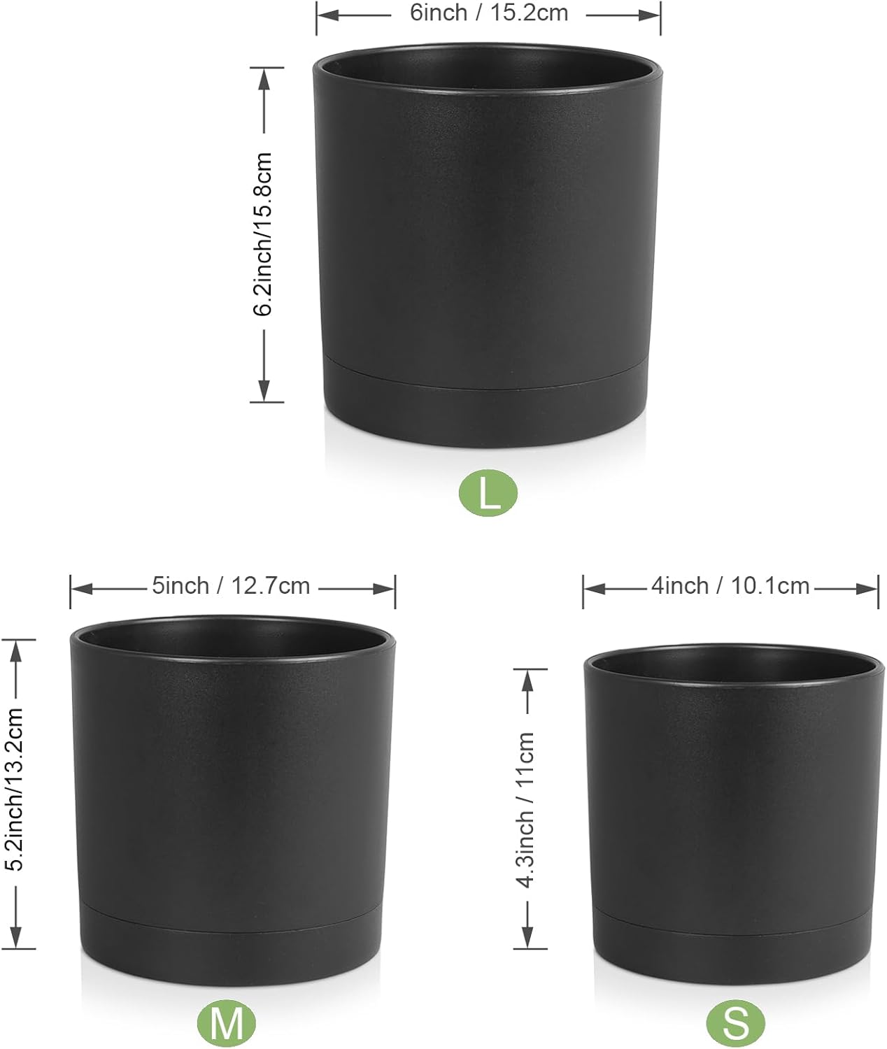 6/5/4 inch Flower Pots, Set of 3 Cylinder Plant Pots for Small Indoor Outdoor Plants, Plastic Planters with Drainage Holes and Saucers for Garden Succulent Nursery House Plants, Black