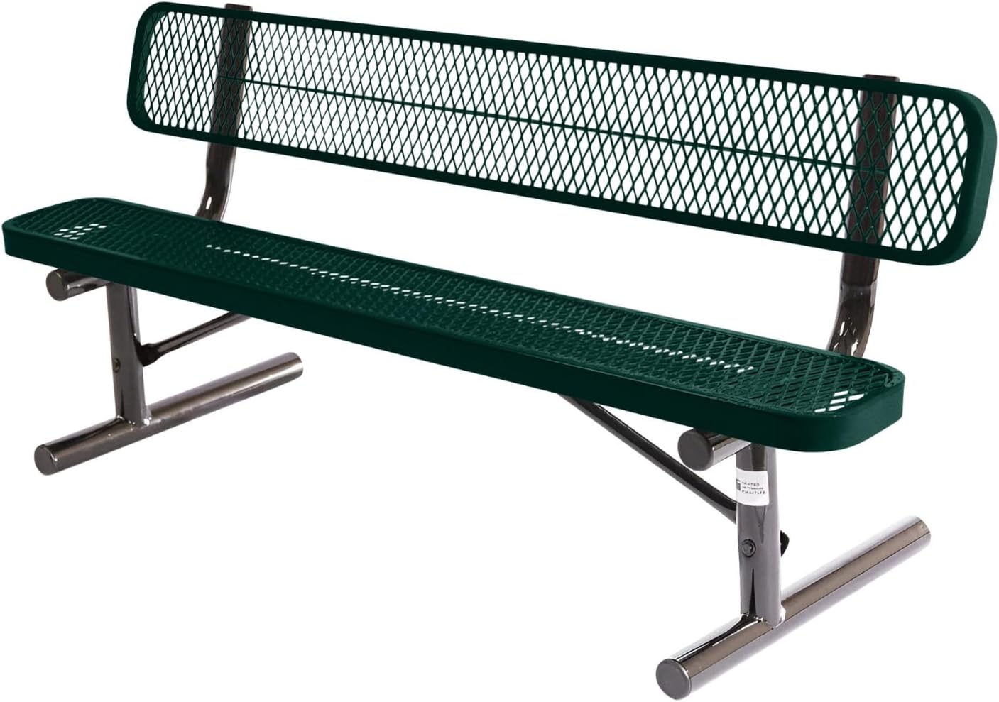Heavy-Duty Portable Outdoor Bench Thermoplastic Coated, Expanded Metal, Commercial-Grade Seating, Made in America (Portable with Back, 6 Ft, Textured Dark Green)