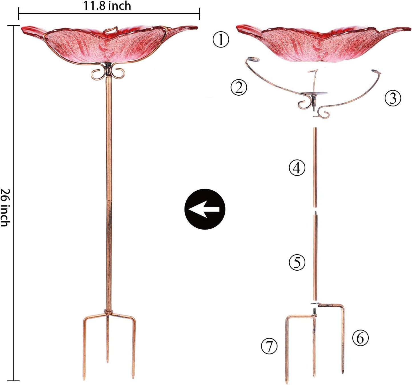 Outdoor Bird Bath Glass Birdbath Garden Birdfeeder with Metal Stake Red