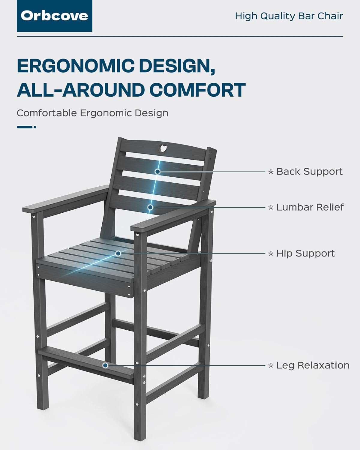 Tall Adirondack Chairs Set of 4, HDPE Wood Balcony Adirondack Chairs Set with Heart Cutout Design, Weather-Resistant Bar Height Furniture for Deck, Porch, Pool (Grey)