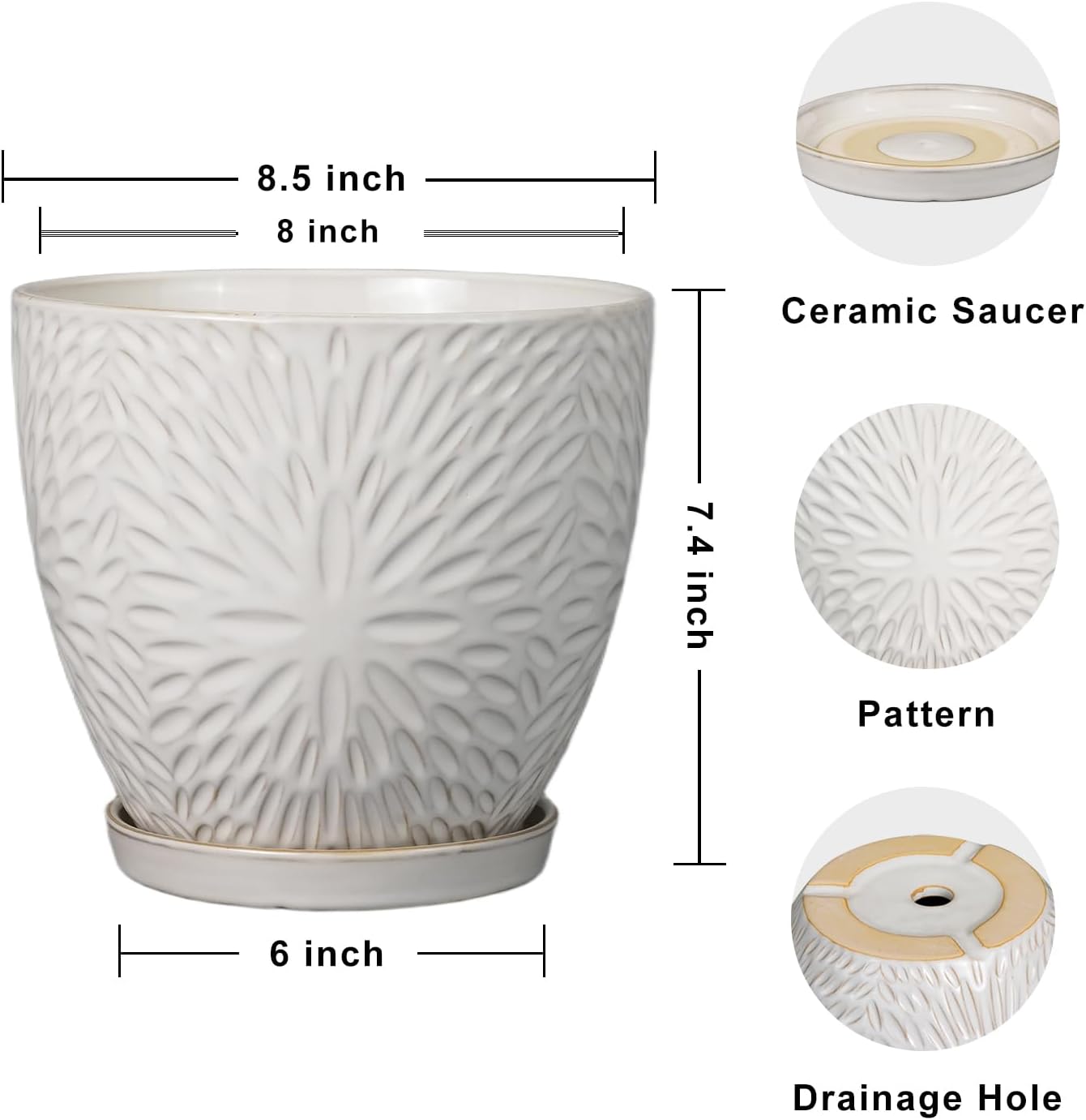 G EPGardening 8 Inch Ceramic Plant Pot with Drainage Hole and Saucer Round Planter Pot for Indoor Outdoor Plants Modern Large Flower Pot White