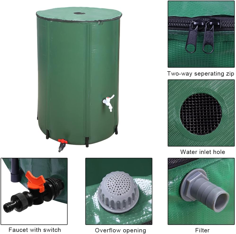 132 Gallon Collapsible Rain Barrel, Portable Rainwater Collection System, Rain Catcher Barrel, Water Storage Tank with Two Spigots and Overflow Kit, Rain Water Barrel Collector for Garden, Green