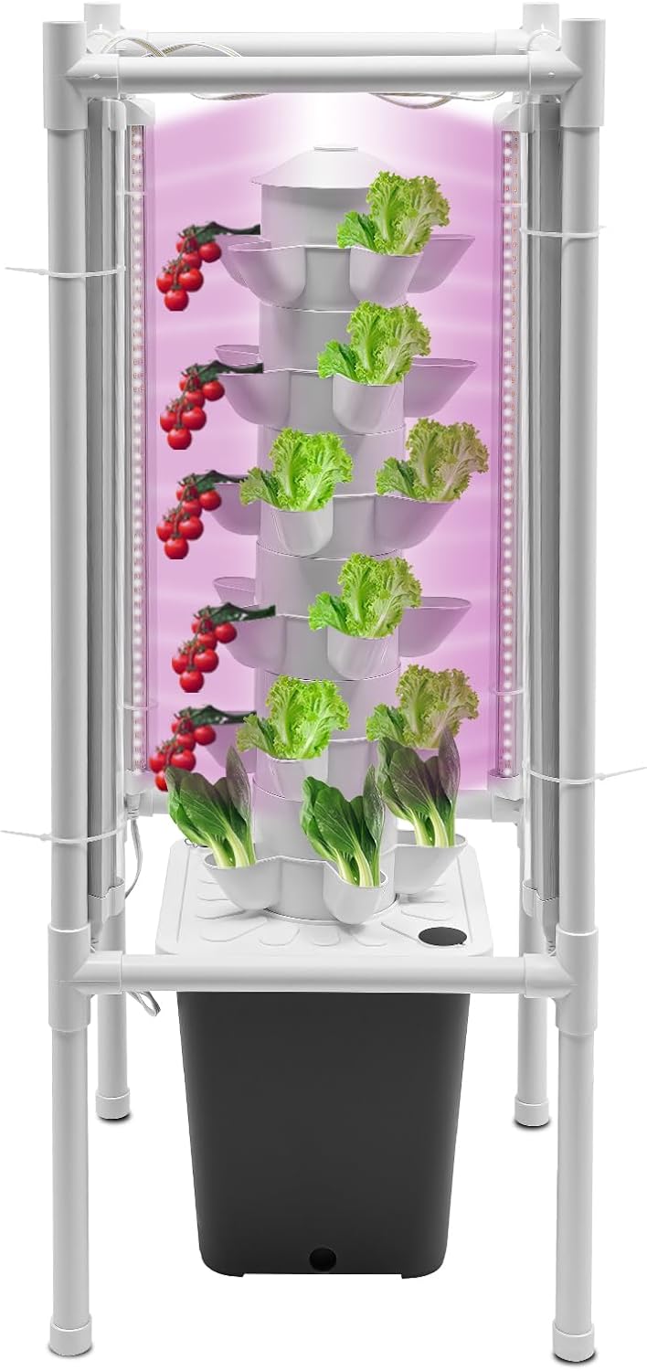 Hydroponics Growing System Kit, 30-Plant Tower Garden Vertical Planter Germination Kit with Grow Light&Water Pump, Herb Garden Planter Indoor Kit, Hydroponic Growing Tower for Indoor Gardening (Gray)