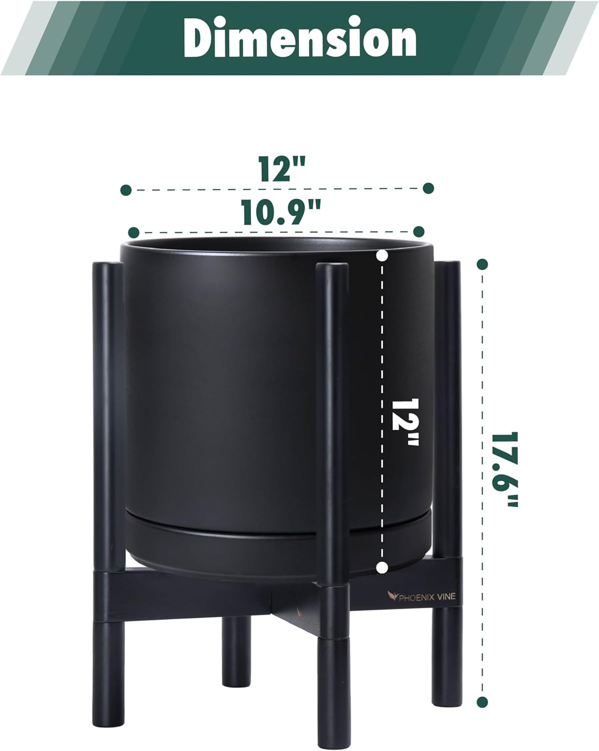 D'vine Dev Ceramic Planter with Ebony Stand - 12 Inch Modern Round Flower Pot with Wood Planter Holder, Black, 55-B-H-2