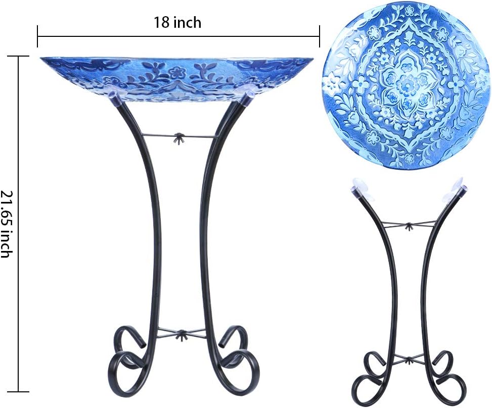 MUMTOP Outdoor Glass Birdbath with Metal Stand for Lawn Yard Garden Decor,18” Dia/21.65 Height
