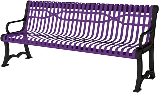 Heavy-Duty Outdoor Bench Thermoplastic Coated, Slatted Steel, Commercial-Grade Garden Bench, Made in America (Portable with Back, 4 Ft, Textured Purple)