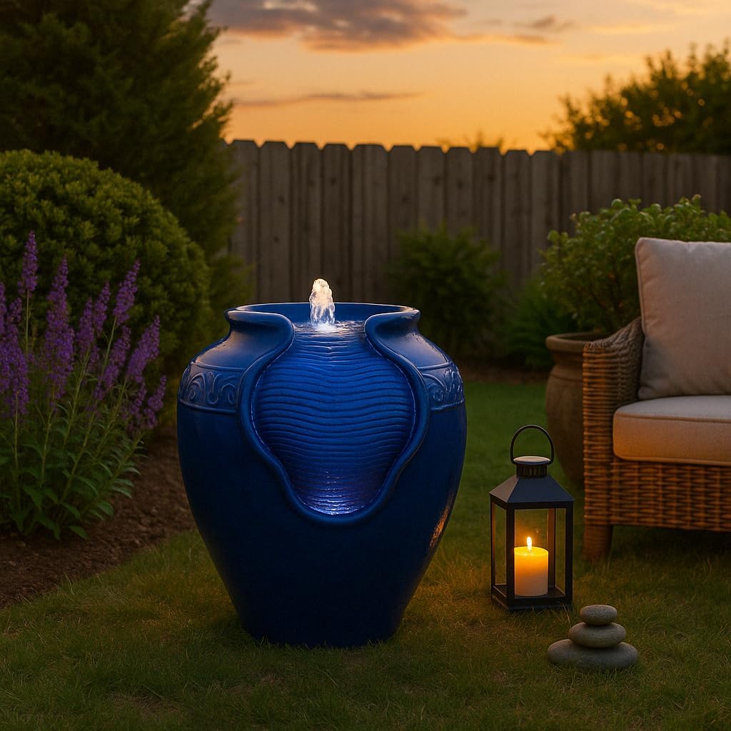 Teamson Home Outdoor Water Fountain, Glazed Pot Ceramic Look with LED Lights & Pump, Royal Blue, 16.93” Patio Garden Water Feature, Cascading Zen Fountain for Backyard, Porch, Deck, Home Decor