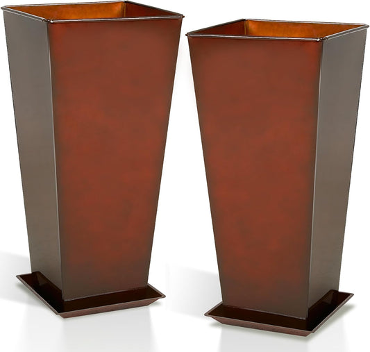 Worth Garden 28" Large Metal Glazed Planter Set of 2, Luxurious Glossy Finish Red Tall Square Tapered Steel Plant Pots, Decor Flower Pot Indoor & Outdoor, Drainage Hole & Dual-Purpose Plant Saucer