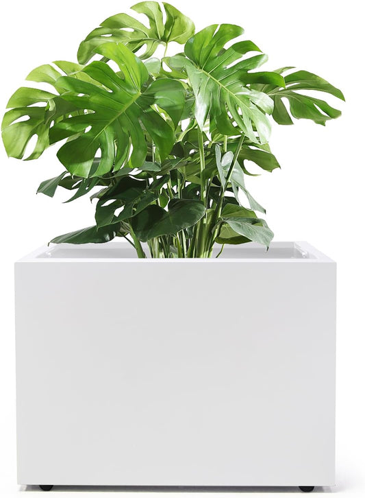 Metal Planter Box Rectangular Block-No Installation Required Galvanized Steel Long Box Planter Modern Outdoor Planters All-Weather Use with Drainage Holes for Patio/Porch,16 ×12×12IN（White）