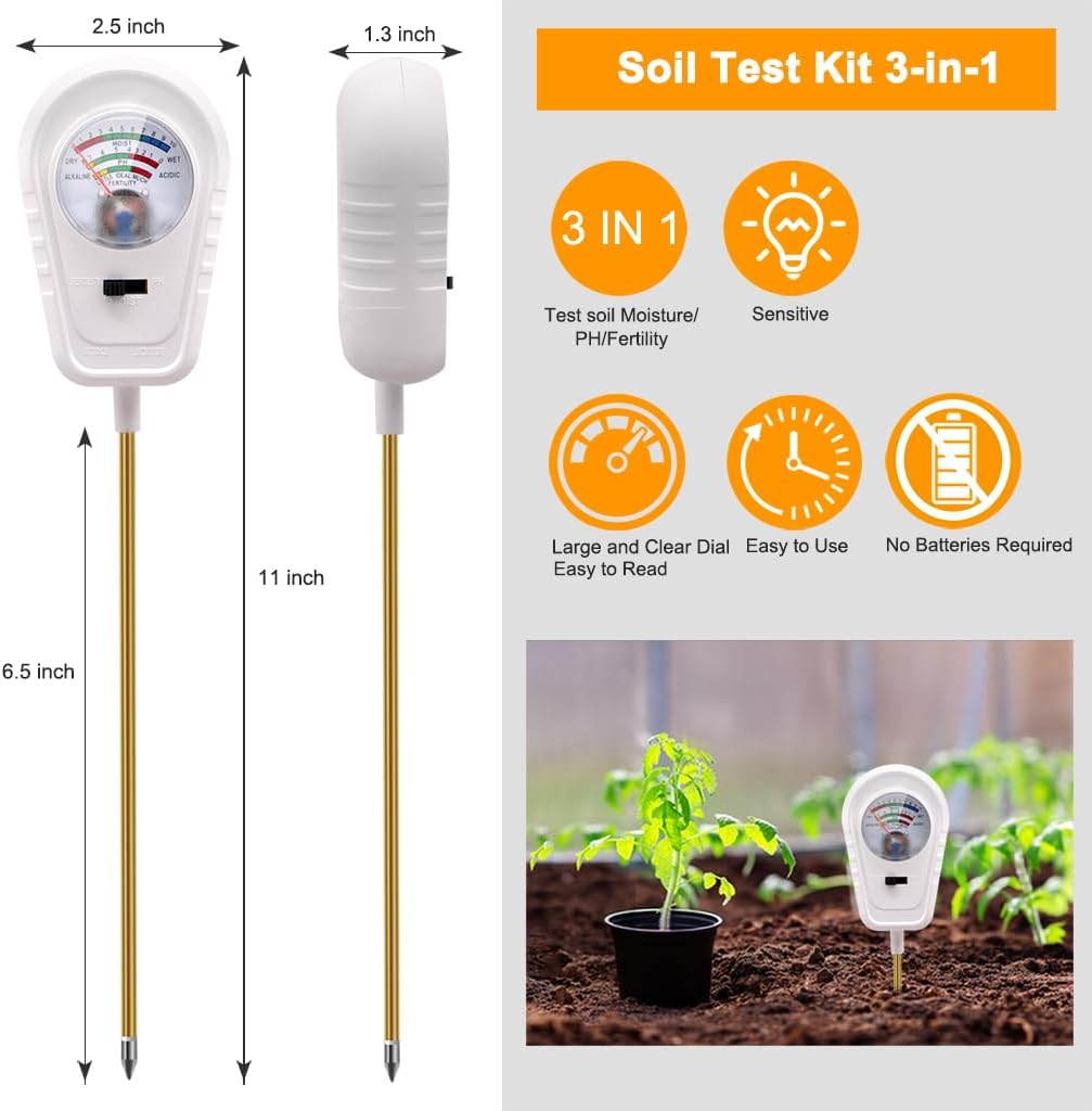 Soil Test Kit 3-in-1, Soil Moisture Meter, Soil PH Meter, Fertility Soil Tester, Soil Tester for Garden, Lawn, Farm, Outdoor & Indoor Use (Snow White)