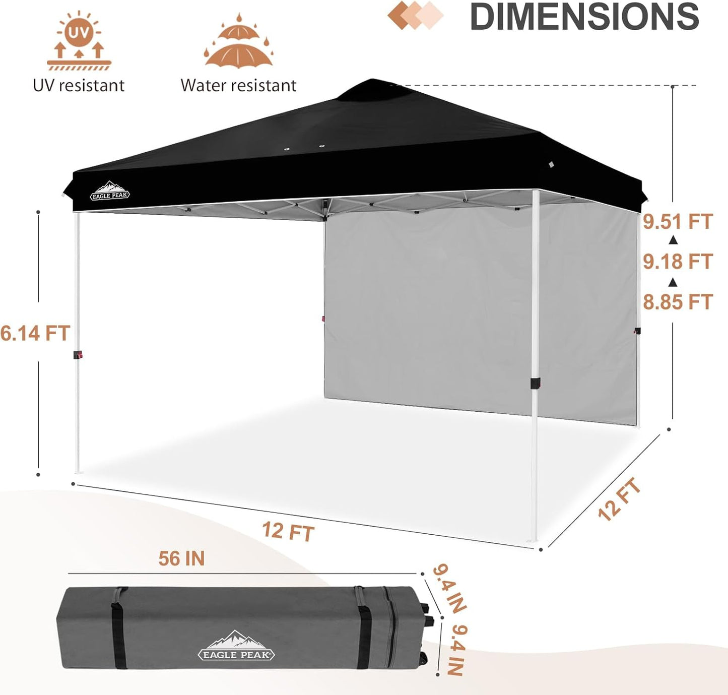 EAGLE PEAK Pop Up Canopy Tent with 1 Sidewall, Easy Setup Event Tent, Outdoor Sun Shade, Wheeled Carry Bag, Stakes and Guy Ropes, Instant Canopy 12x12, Black