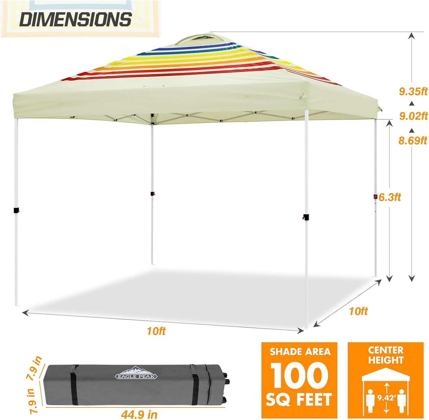 EAGLE PEAK Pop Up Canopy Tent with Wheeled Carry Bag, 8 Stakes, 4 Ropes, 4 Weight Bags, Easy Set Up Tent Canopy, 10x10 ft, 100sqft of Shade, Retro Stripe Tan
