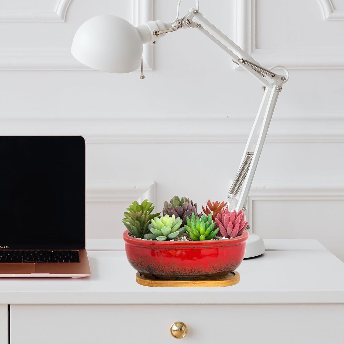 Succulent Pots, 7.9 Inch Long Rectangular Succulent Planters with Drainage Tray, Shallow Planters for Indoor Plants Ceramic Cactus Pots Glazed Bonsai Flower Plant Container for Home Windowsill Decor