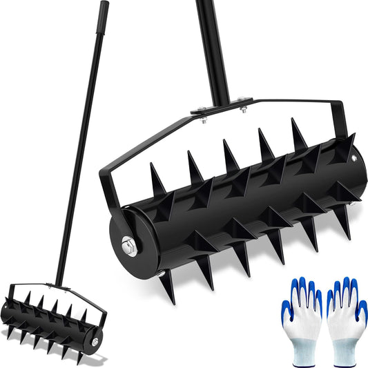 Lasnten Lawn Aerator Tool 16" Manual Rolling Yard Aerator Grass Roller Heavy Duty with 59" Stainless Steel Handle, Gloves, Spike Garden Rotary Push for Backyard Yard
