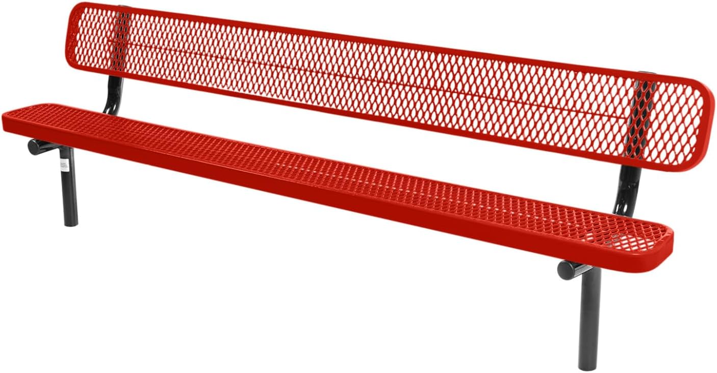 Coated Outdoor Furniture Heavy-Duty Outdoor Bench Thermoplastic Coated, Expanded Metal, Commercial-Grade Seating, Made in America (Inground with Back, 8 Ft, Red)
