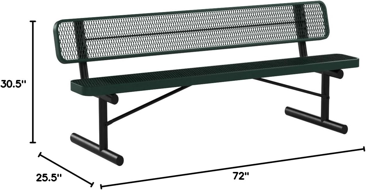 Coated Outdoor Furniture Heavy-Duty Portable Outdoor Bench Thermoplastic Coated, Expanded Metal, Commercial-Grade Seating, Made in America (Portable with Back, 6 Ft, Green)
