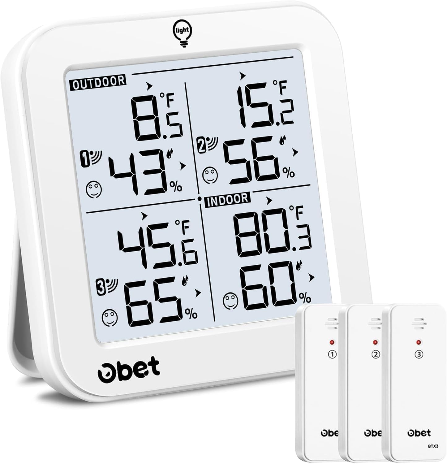 OBET Indoor Outdoor Thermometer Wireless with 3 Sensors Weather Station Temperature Humidity Monitor 500ft Range and Adjustable Backlight and Min Max Data White