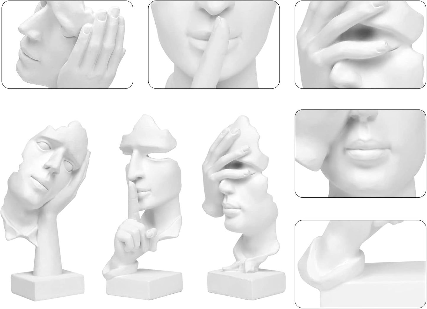 3 Pcs Thinker Statue, Silence is Gold Abstract Art Figurine, No Hear No See No Speak Modern Home Resin Sculptures Decorative Objects Decor for Home Office Bookshelf Desktop(White), A-41