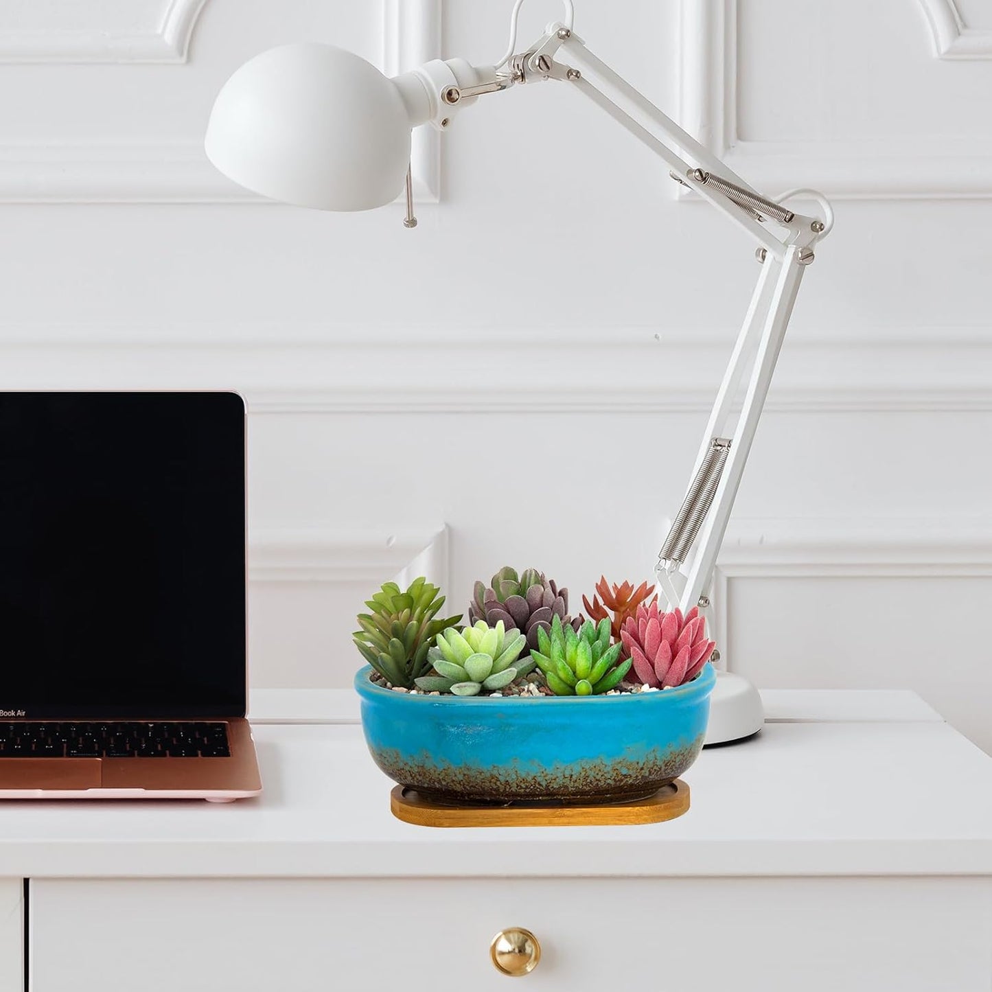 ARTKETTY Succulent Pots, 1 Rectangle Planter + 1 Ceramic Bonsai Pot with Drain Tray, 2 Pack Large Shallow Succulent Planters for Indoor Plants, Round Cactus Flower Plant Pot for Desk Windowsill Decor