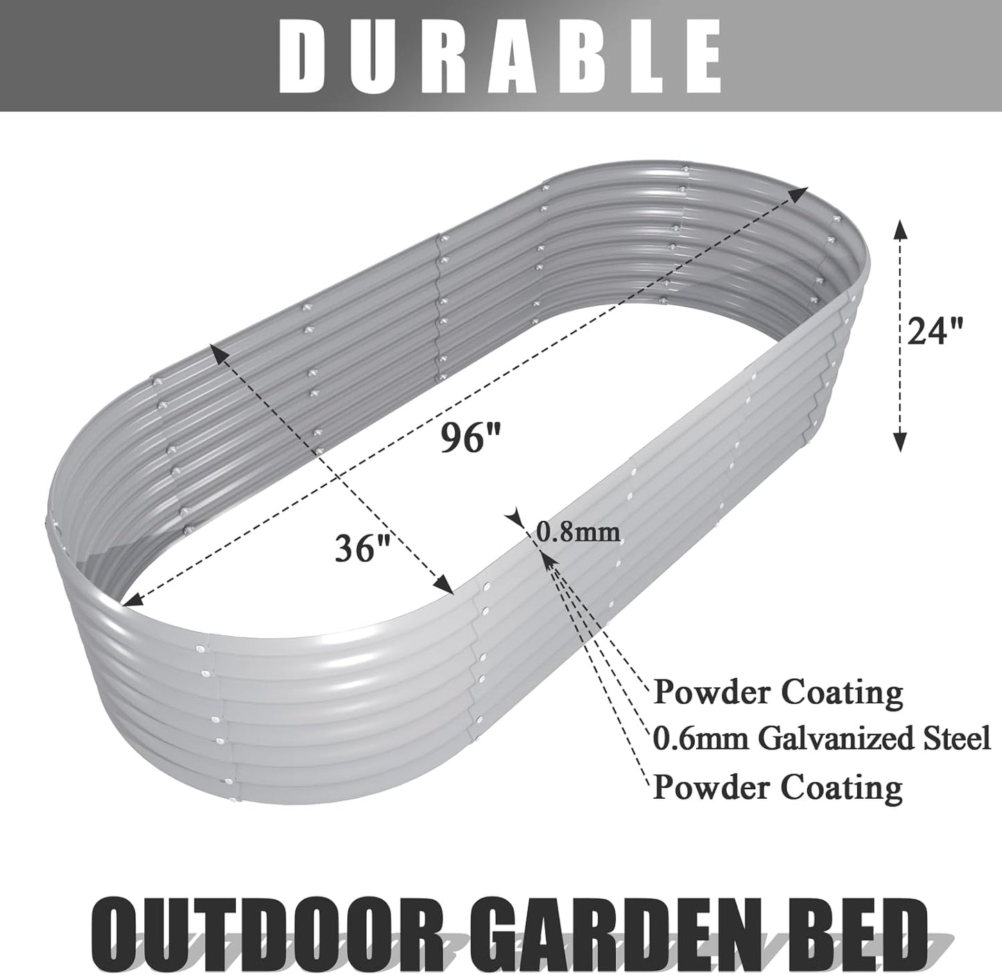 4 Pack 8x3x2FT Galvanized Raised Garden Bed Kit Oval Metal Ground Planter Box Outdoor Bottomless Planter Raised Beds for Vegetables Flowers Herbs Fruits, Gray