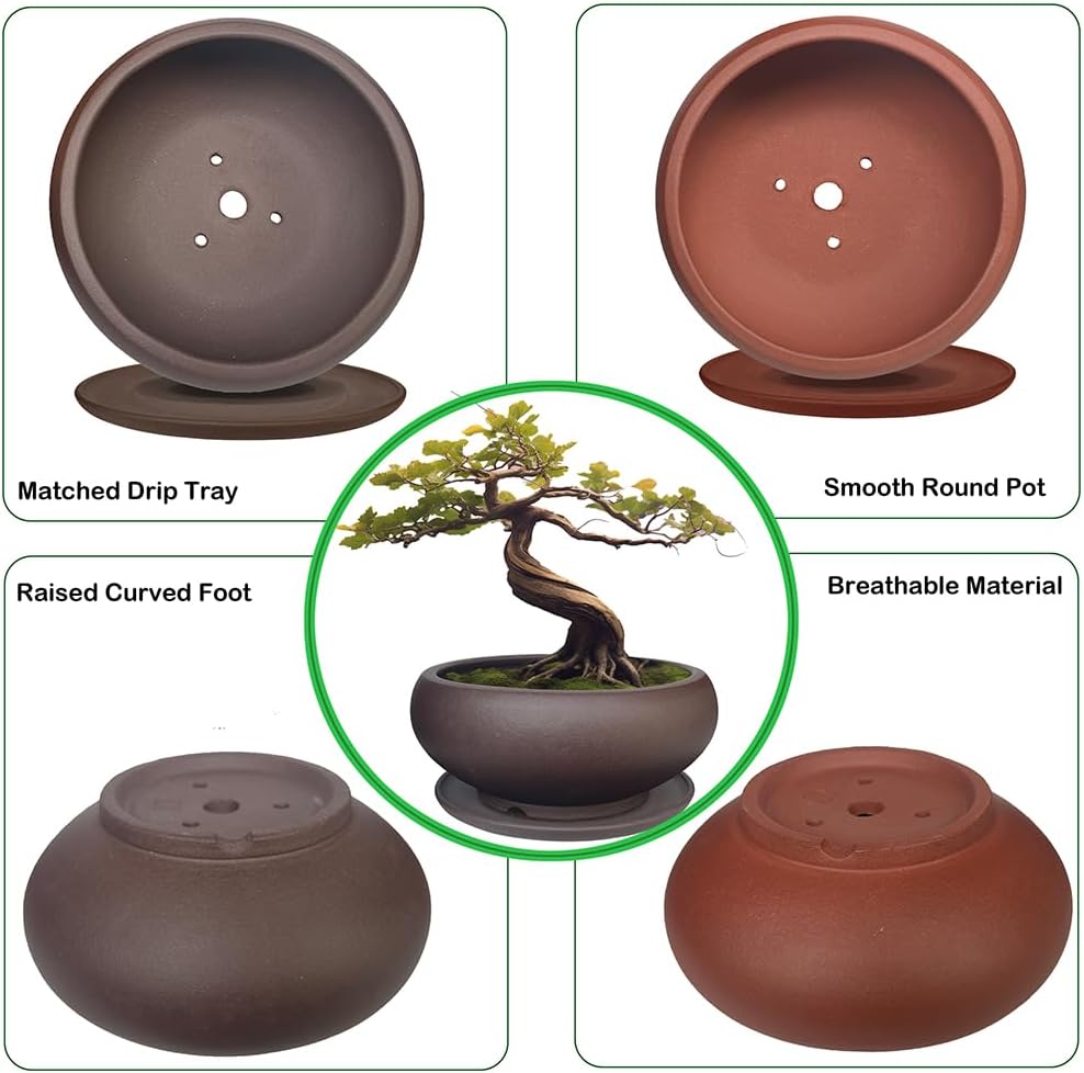 MUZHI 5.3” Round Ceramic Bonsai Starter Pots with Trays Set of 2 Brown and Red, Small Vintage Unglazed Succulent Pots with Saucers Minimalist Classic Mame Bonsai Planter with Drainage