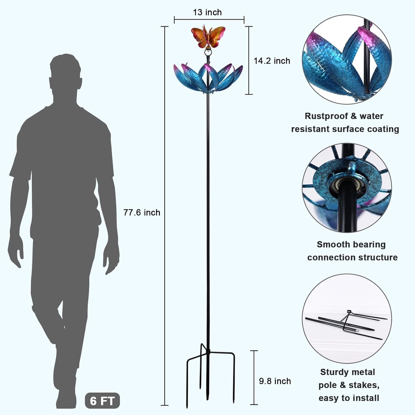 hogardeck Large Wind Spinners Outdoor, 77.6" Metal Butterfly Tulip Wind Spinner with Heavy-Duty Stakes, Multi-Color 360° Rotating Wind Sculptures Kinetic Yard Art for Home Garden Lawn Patio Decor