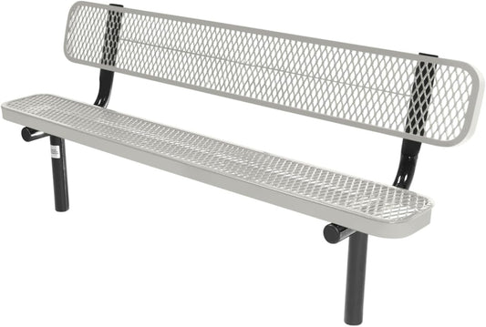 Coated Outdoor Furniture Heavy-Duty Outdoor Bench Thermoplastic Coated, Expanded Metal, Commercial-Grade Seating, Made in America (Inground with Back, 6 Ft, Textured Grey)
