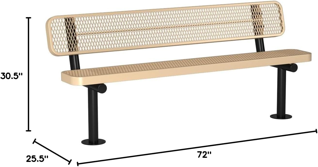 Coated Outdoor Furniture Heavy-Duty Outdoor Bench Thermoplastic Coated, Expanded Metal, Commercial-Grade Seating, Made in America (Surface with Back, 6 Ft, Tan)
