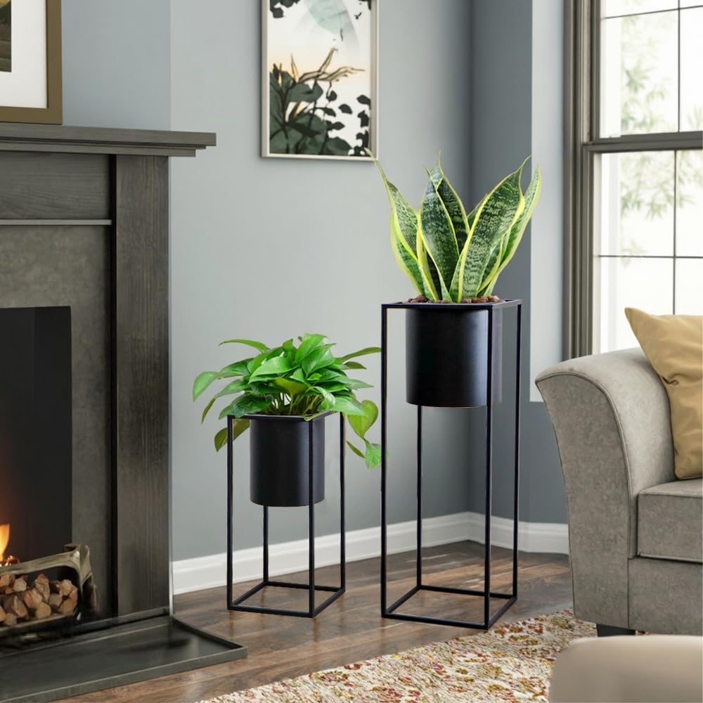 TRIROCKS Set of 2 Planters with Stand Large Metal Planter for Indoor Plants 28 &18" H Plant Pots for Living Room Corner Kitchen Office Garden Balcony Patio Decor(Black)