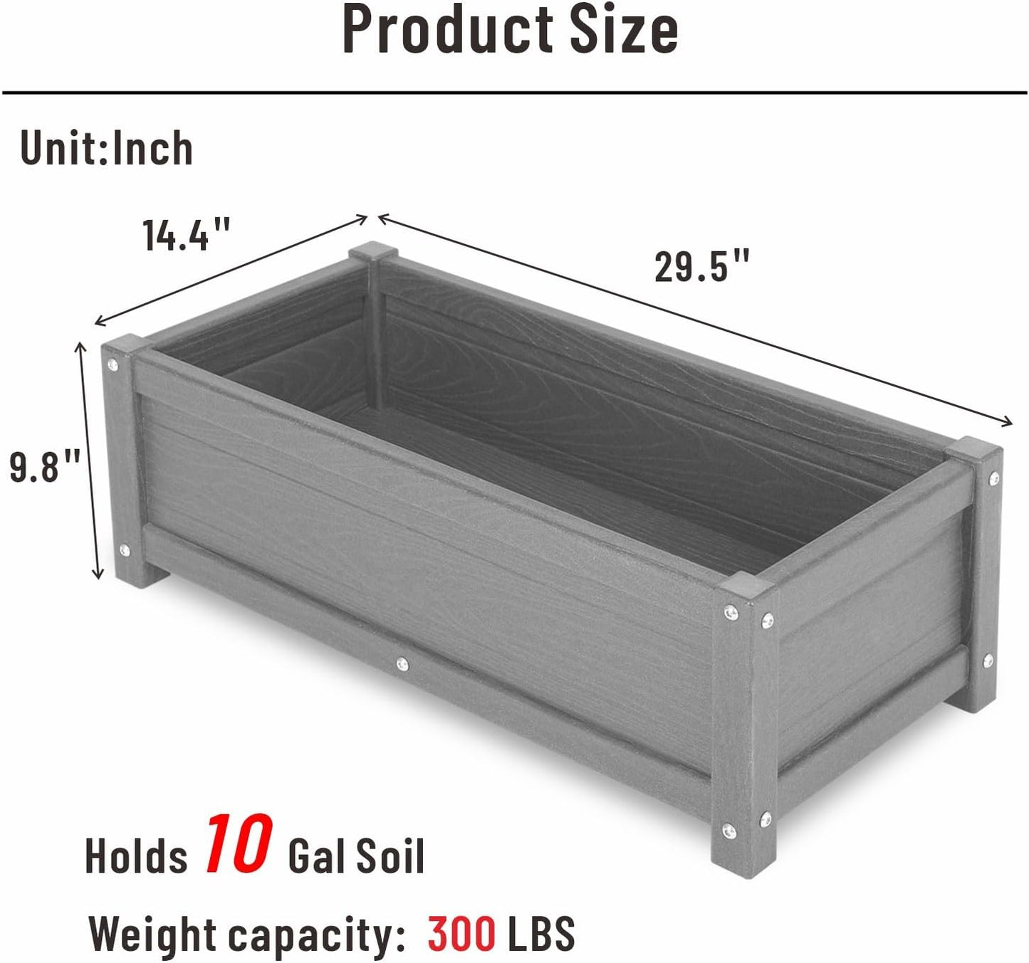 HDPE Raised Planter Box Outdoor,Rot-Resistant and Non-Cracking,Raised Beds for Gardening 29.5 * 14.4 * 9.8 in for Yard,Lawn,Outdoor Planter Boxes Rectangle with Drainage Holes Gray