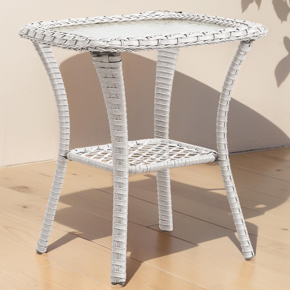 Outdoor Side Tables for Patio, Wicker/Rattan End Tables, Outdoor Wicker Side Table, Light Beige Rattan Glass Top Patio Side Table