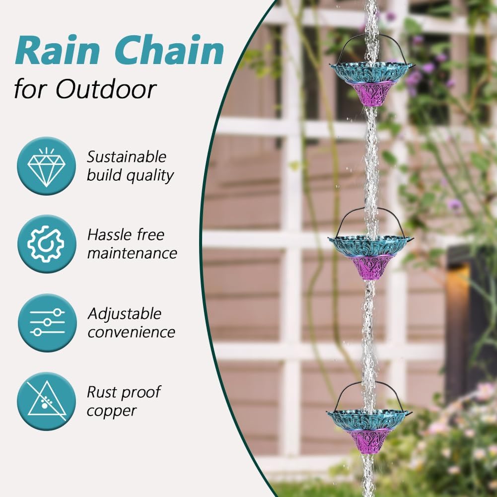 10FT Rain Chains for Outside, Rain Gutter Chain with 12 Flower Cups, Adjustable Rainwater Catcher Chain for Eaves Drainage, Replacement for Downspout