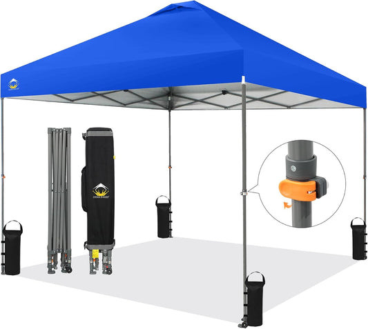 CROWN SHADES Adjustable Height on The Fly, 10x10 Pop Up Canopy - Beach Tent with One Push Setup - Easy Outdoor Sun Shade for Events, Parties, Camping - Outside Shade with STO-N-Go Bag, Blue