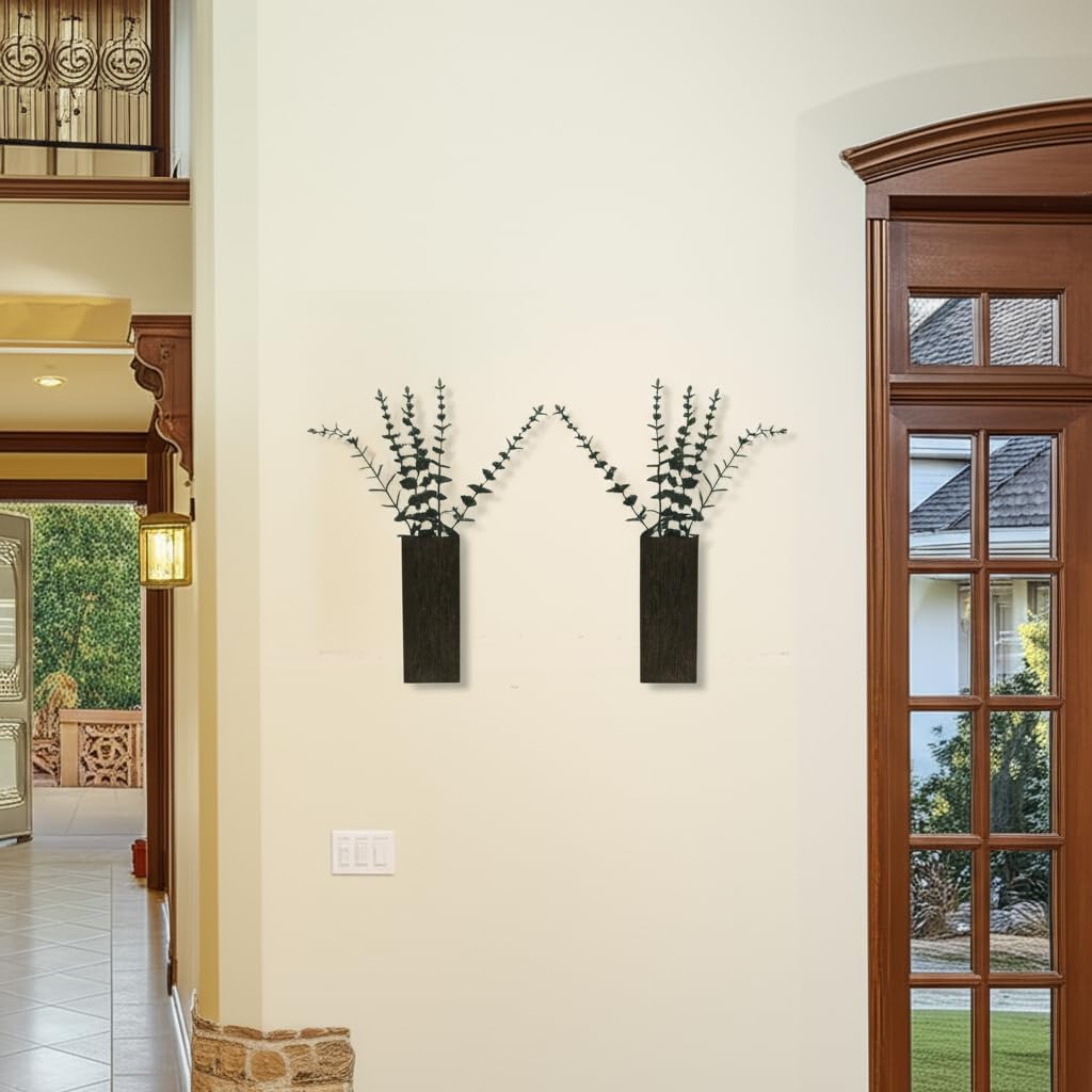 2 Pieces Wooden Wall Hanging Plant Pots Vase Contains Artificial Green Plants for Indoor Fake Plants Greenery Flowers, Modern Planters for Bathroom, Living Room, Kitchen Decor, (Brown)