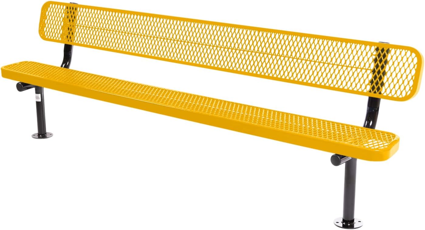 Coated Outdoor Furniture Heavy-Duty Outdoor Bench Thermoplastic Coated, Expanded Metal, Commercial-Grade Seating, Made in America (Surface with Back, 8 Ft, Yellow)